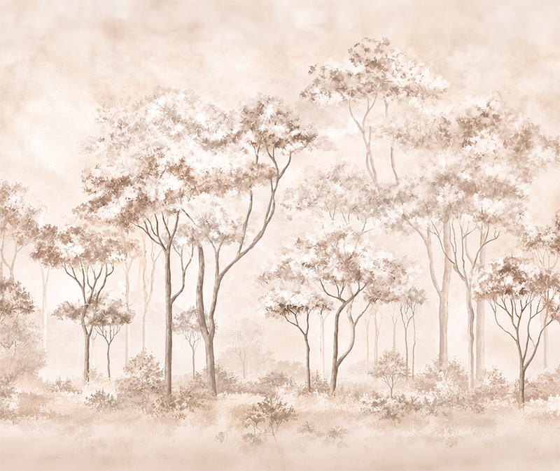 Fresco 047 — forest wallpaper, woodland mural, fresco design, nature wallpaper, earth tones, simetric design, ambient decor, natural wall art, tree illustration, beige wallpaper
