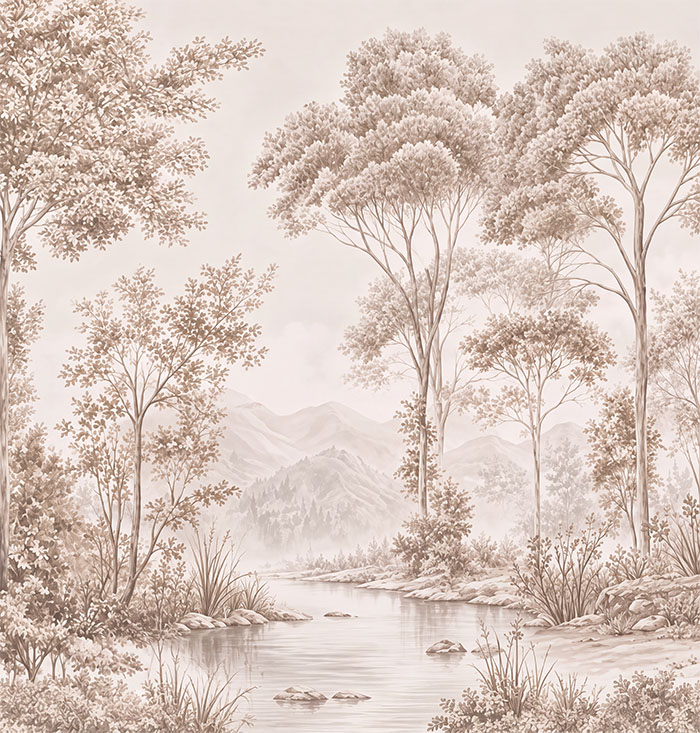 Fresco 051 — fresco wallpaper, landscape wallpaper, mountain wallpaper, river wallpaper, forest wallpaper, natural wallpaper, beige wallpaper, maroon wallpaper, simetric design, decorative fresco