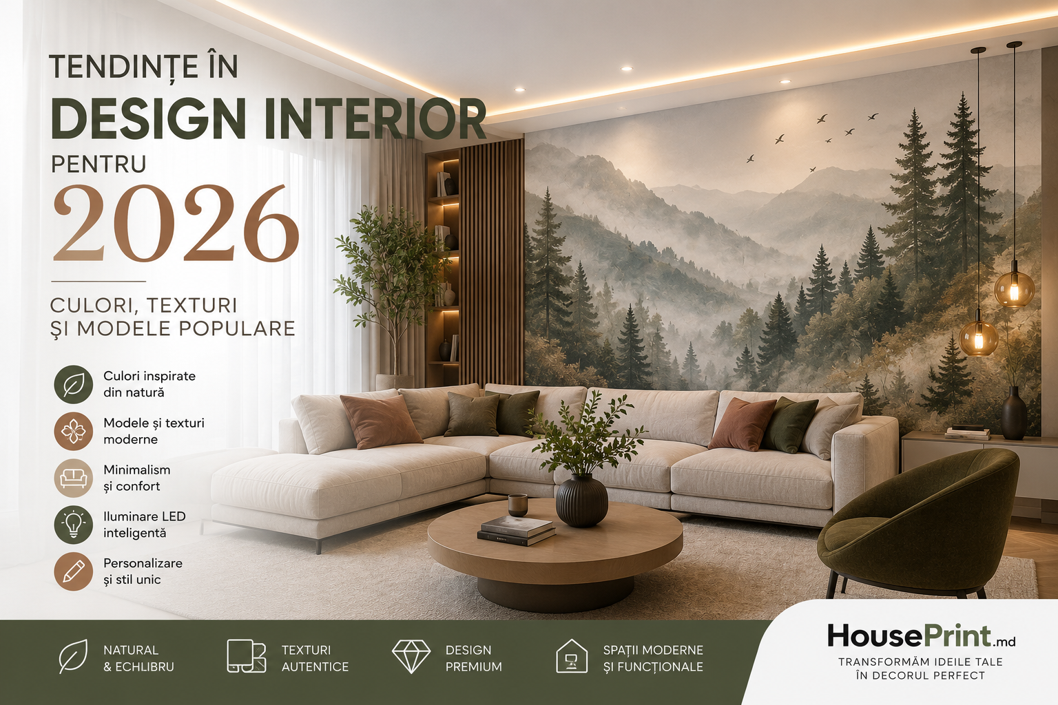 Tendințe în design interior pentru 2026 – culori, texturi și modele populare