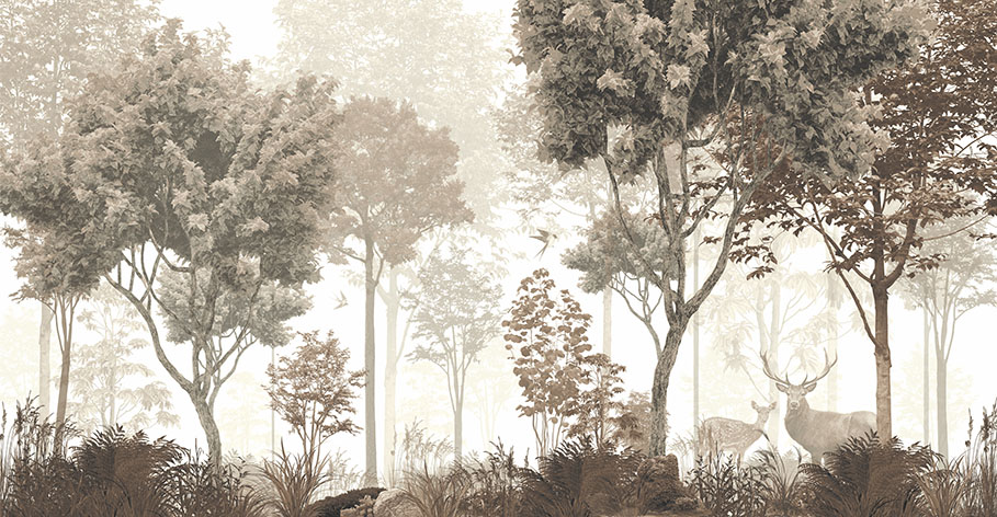 Fresco 053 — forest wallpaper, wood mural, nature wallpaper, tree fresco, paisible design, painterly wallpaper, vertical fresco, rustic wallpaper, wood panel, silvan design
