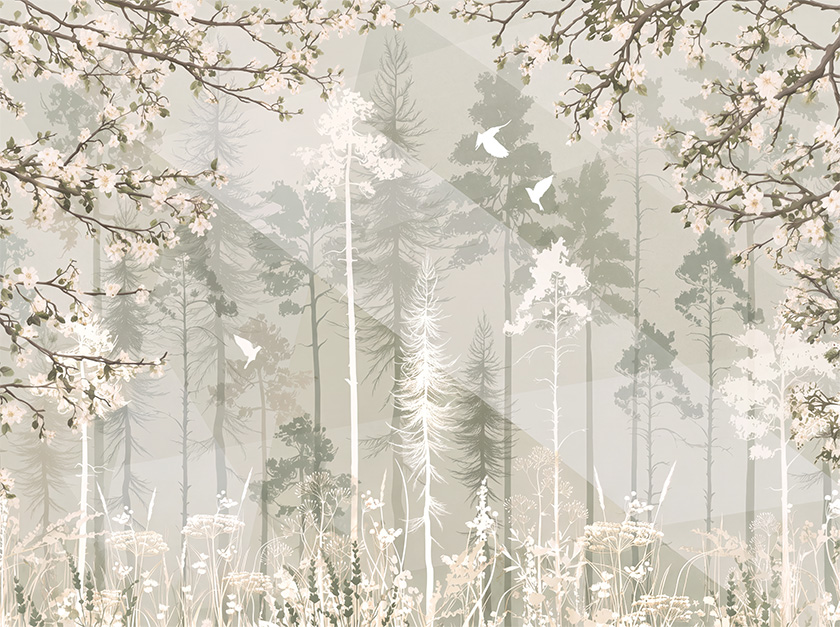 Fresco 044 — forest wallpaper, floral wallpaper, woodland design, nature wallpaper, grey wallpaper, beige wallpaper, white wallpaper, illustrated wallpaper, vertical wallpaper, fresco design
